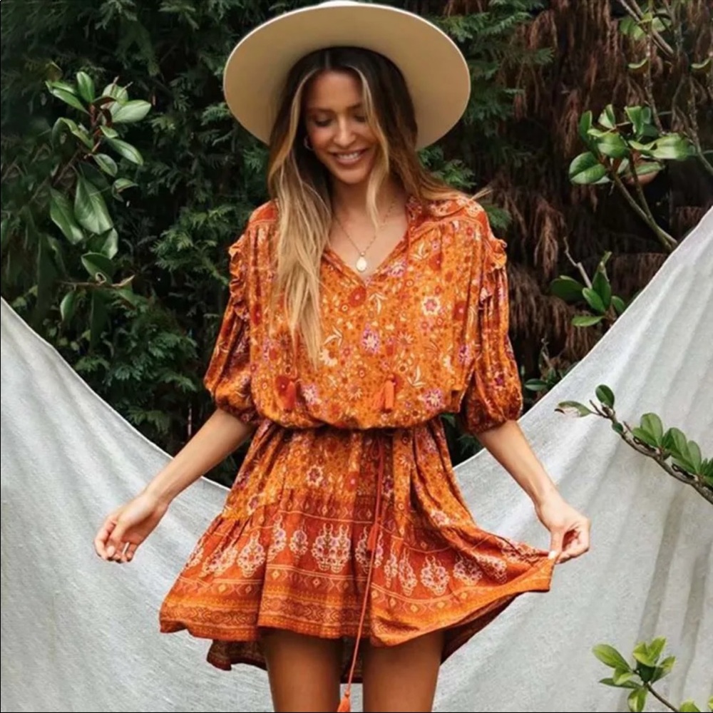 Orange Boho Floral Gypsy Print Dress Ruffle - Picture 2 of 5